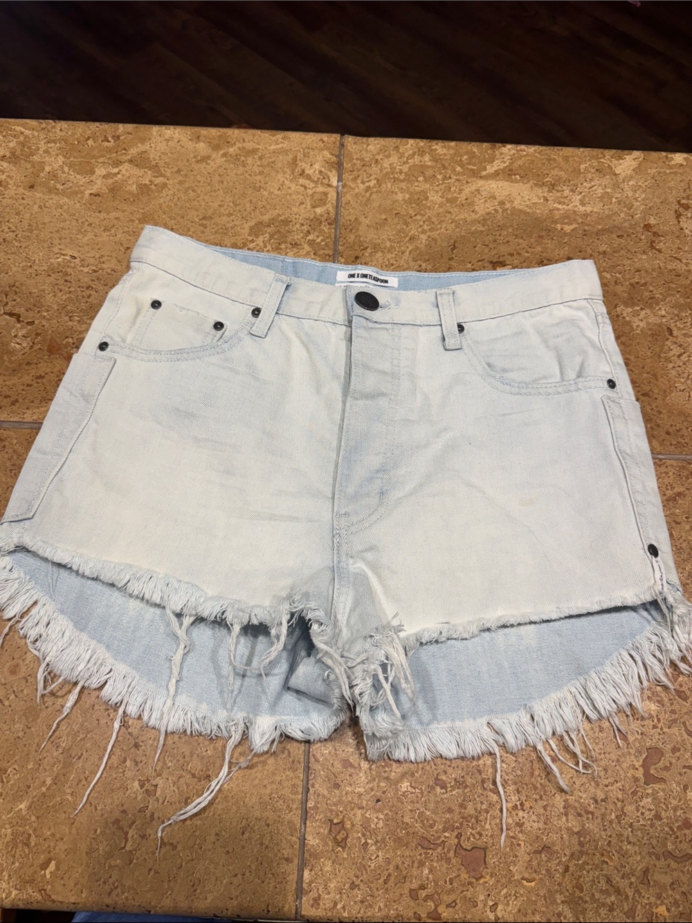 One Teaspoon Light Blue Distressed Frayed Hem Denim Shorts